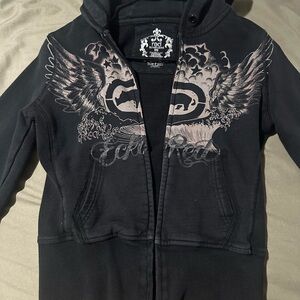 Black Zip Up with Winged Graphic